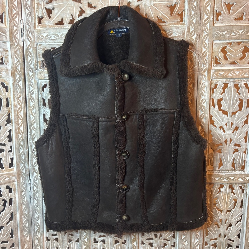 Vintage Lizsport USA Boho Brown Lamb Suede Button Front Sleeveless Sherling Vest
